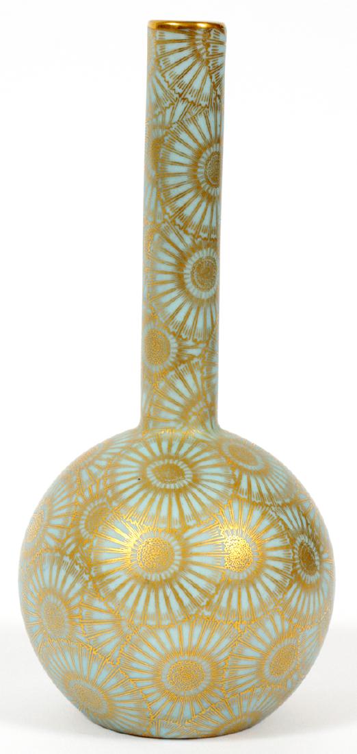 ROYAL WORCESTER GILT PORCELAIN VASE: ROYAL WORCESTER GILT PORCELAIN VASE, H 6 1/2":Stick neck to a bulbous body; gilt floral forms diapered over a light blue ground. Marked to the underside. Measures Dia.3".