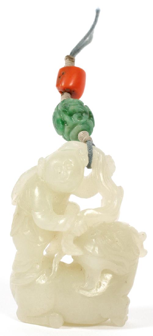 CHINESE JADE CARVING: CHINESE JADE CARVING, H 1 3/4", FIGURE WITH FOO DOG: