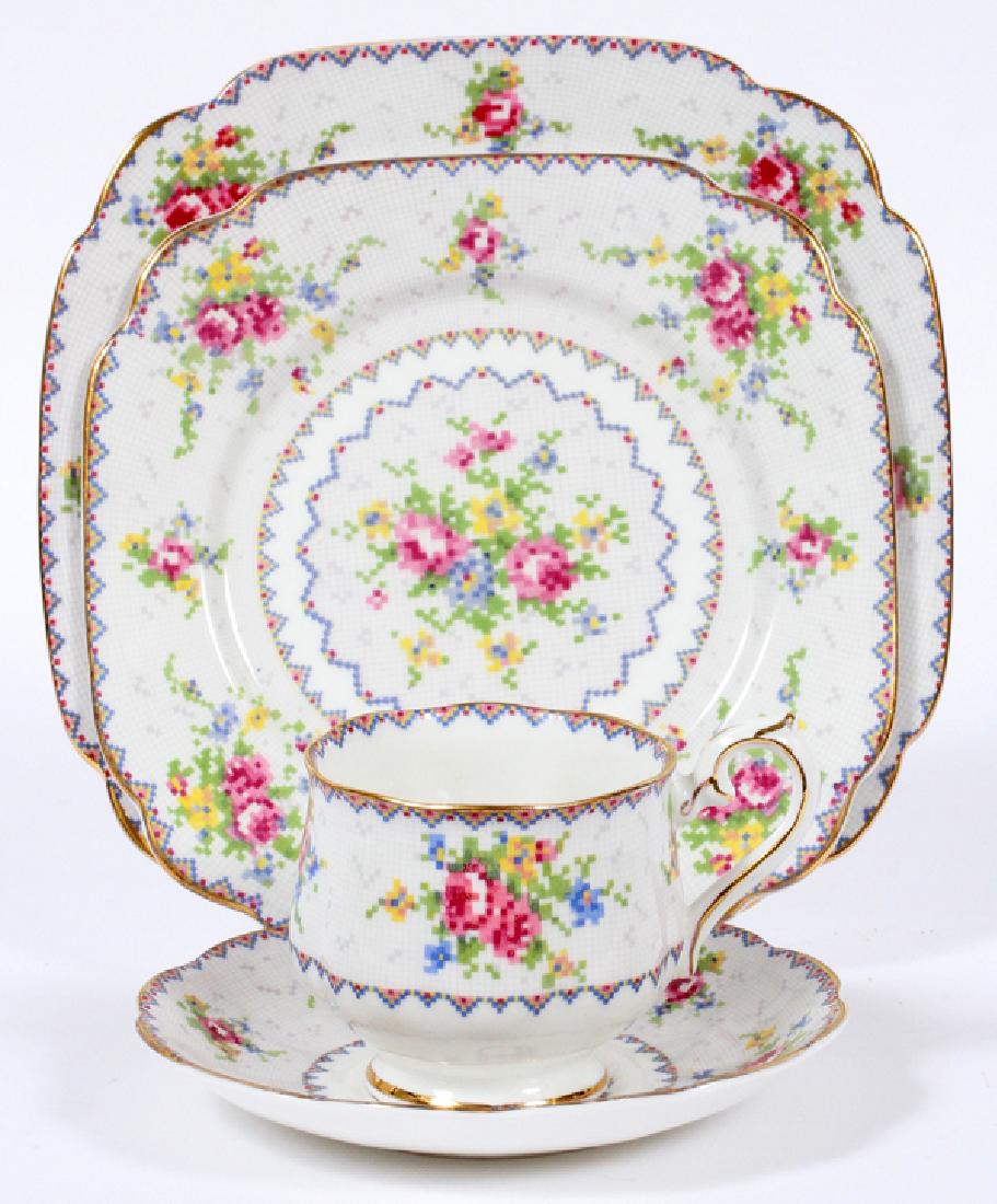 ROYAL ALBERT 'PETIT POINT' PORCELAIN DESSERT SET: ROYAL ALBERT 'PETIT POINT' PORCELAIN DESSERT SET, 12 PCS:English bone china. Includes: 4 cups, 4 saucers, 4 tea plates. Petit point pattern.