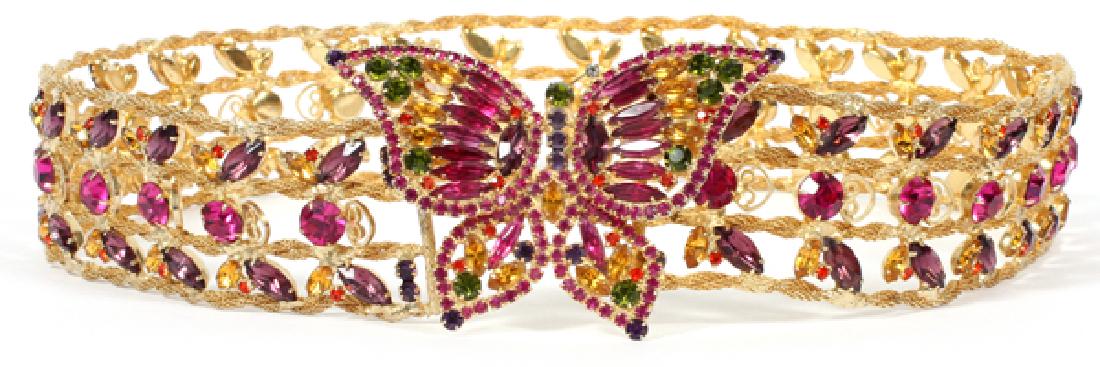 KENNETH LANE JEWELED BUTTERFLY BELT: KENNETH LANE JEWELED BUTTERFLY BELT L 28":three colors green, gold and ruby