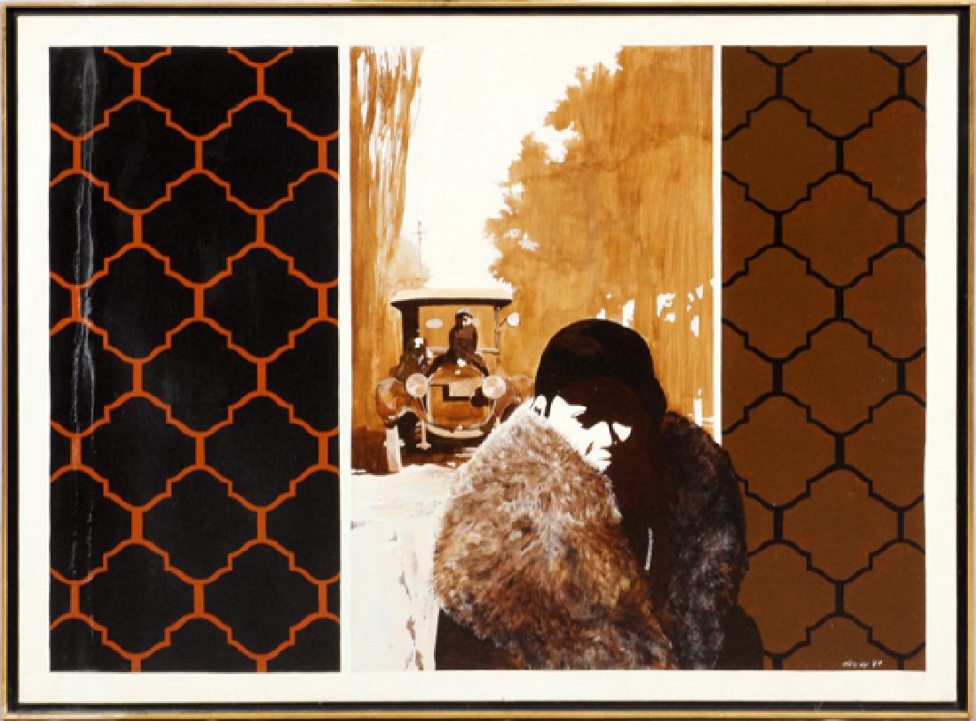 ROBERT HARVEY ACRYLIC ON CANVAS 1969: ROBERT HARVEY (AMERICAN, 1924-2004) ACRYLIC ON CANVAS, 1969, H 36", W 48", "AUNT ELSA IN FUR":Signed and dated lower right. Verso titled and with label from Krasner Gallery.