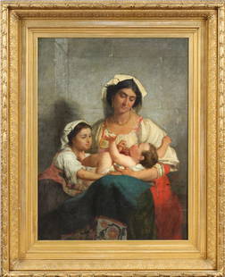 EDWARD HARRISON MAY OIL ON CANVAS 1864: EDWARD HARRISON MAY (BRITISH, 1824-1887), OIL ON CANVAS, MOTHER AND CHILDREN, 1864, H 52", W 40":Signed 'May Paris 1964' mid lower right. In a gold leaf, molded gesso, laurel leaf and anthemion design