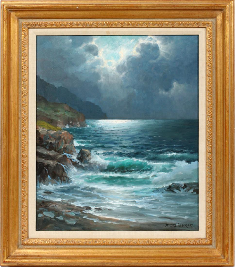 ALEXANDER DZIGURSKI OIL ON CANVAS: ALEXANDER DZIGURSKI (AMERICAN, 1911-1995), OIL ON CANVAS, H 24", W 20", MOONLIT SEASCAPE:Signed lower right. Framed. Verso retains Wally Findlay Gallery label.