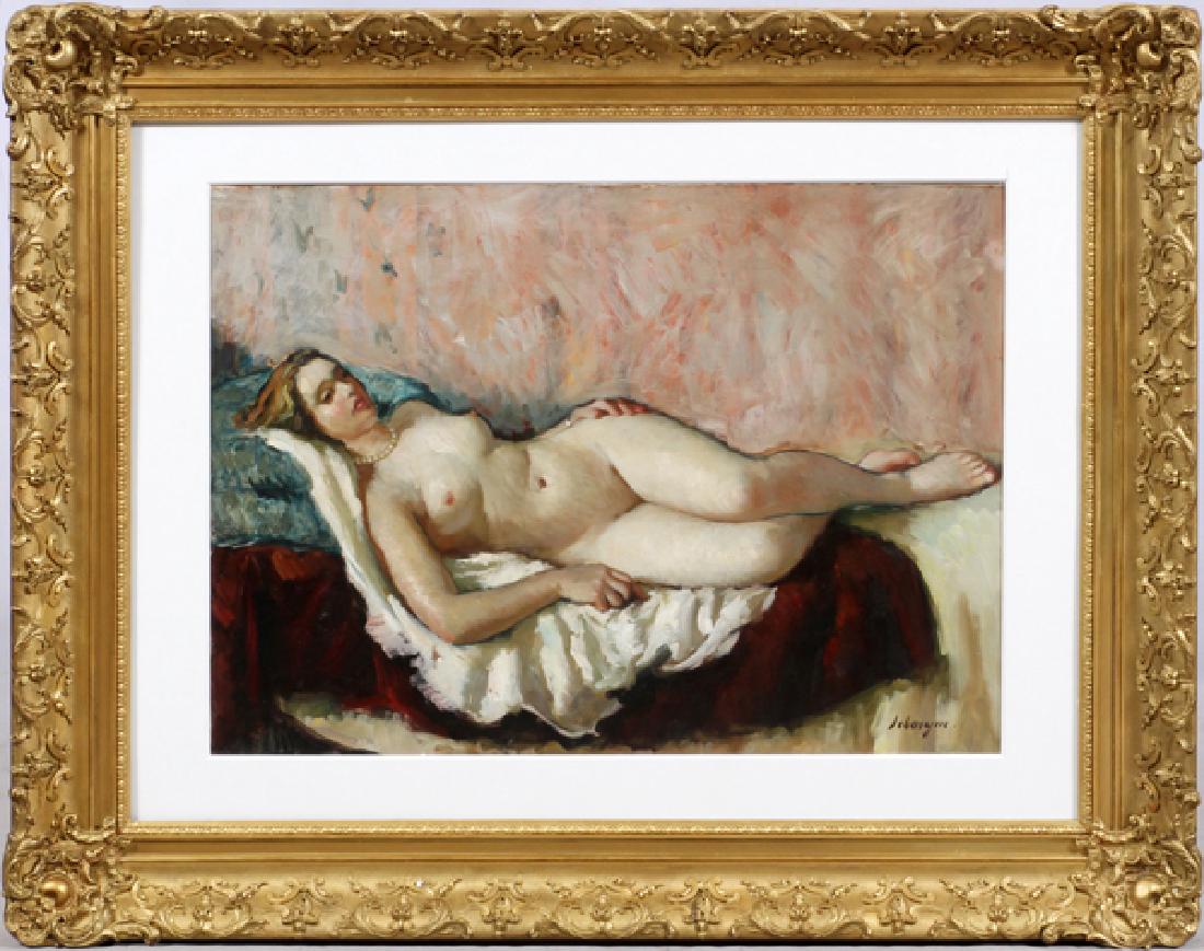 HENRI LEBASQUE OIL ON CANVAS: HENRI LEBASQUE (FRENCH, 1865-1937), OIL ON CANVAS, CANVAS SIZE: H 29", W 39", RECLINING FEMALE NUDE:Signed lower right; massive adapted gilt frame.