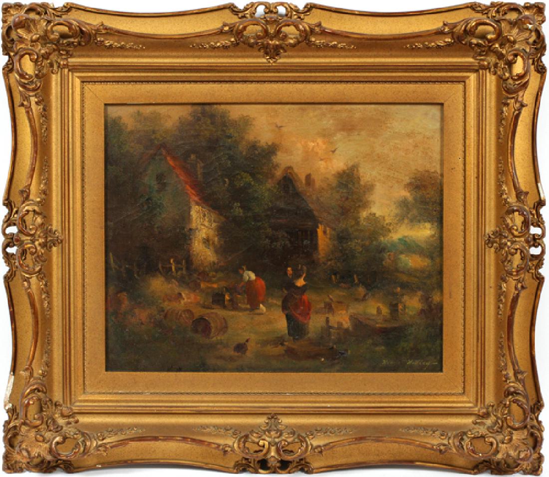 HENRY T. HARVEY OIL ON CANVAS: HENRY T. HARVEY (BRIT. B1908), OIL ON CANVAS, H 15", W 19", "RURAL HAPPINESS":Depicts a farm landscape with female figures and chickens. Signed lower right. Gilt wood frame. Actual size 15 1/2" H. x 1