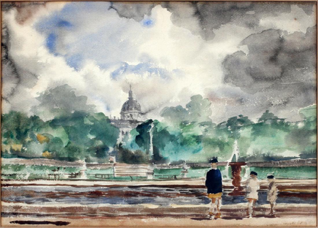 REGINALD MARSH WATERCOLOR: REGINALD MARSH (1898-1963), WATERCOLOR, H 14", L 20", "SACRE COEUR-PARIS, FRANCE",:Scene of a Paris park with fountain. Signed lower right. Dated 1928.