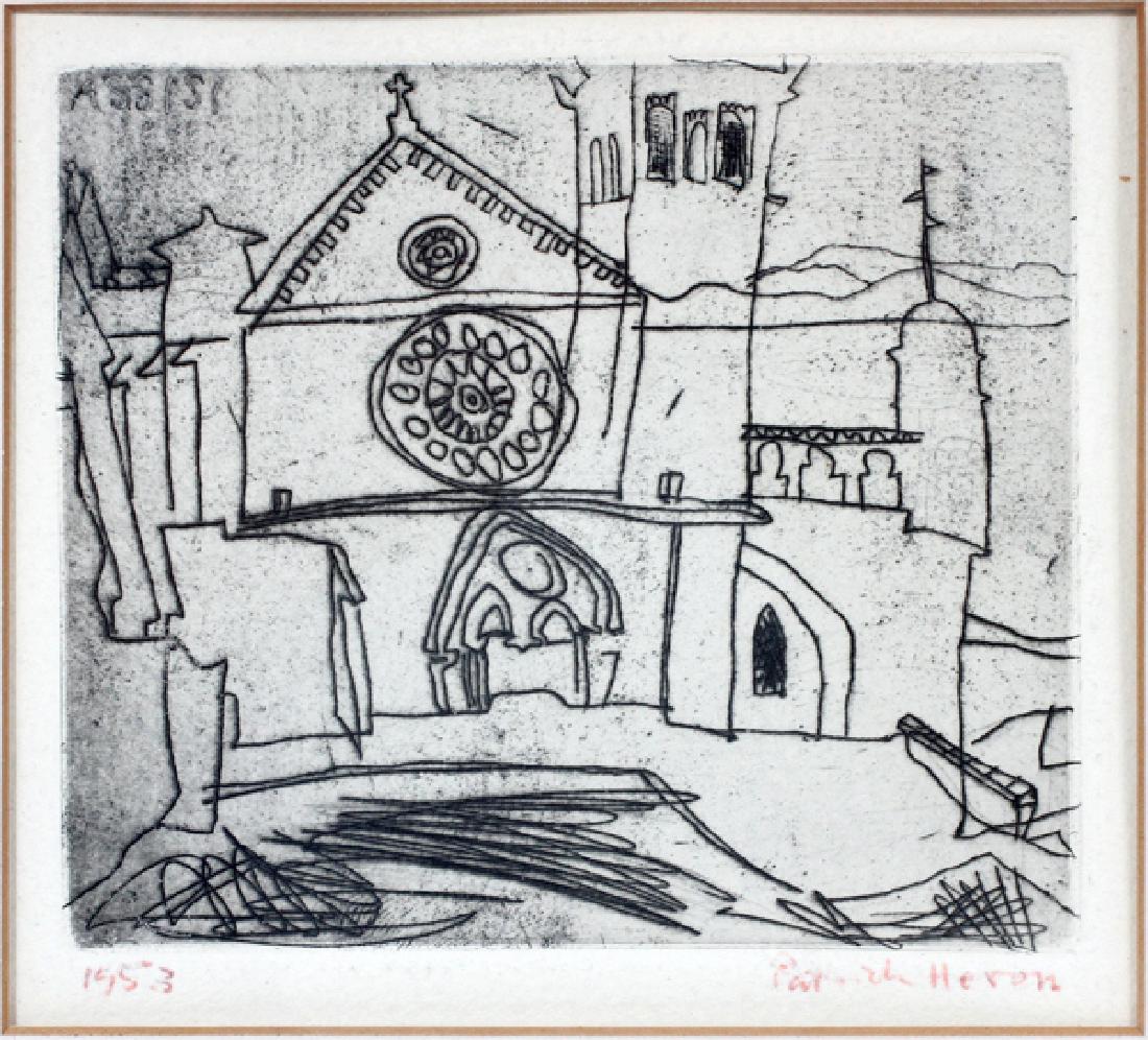 PATRICK HERON ETCHING W/ AQUATINT 1953: PATRICK HERON (BRITISH, 1920-1999), ETCHING WITH AQUATINT, 1953, PLATE SIZE: H 4 1/4", W 4 3/4", "ASSISI":Depicting a church. Signed lower right, dated lower left. Matted and framed under glass.