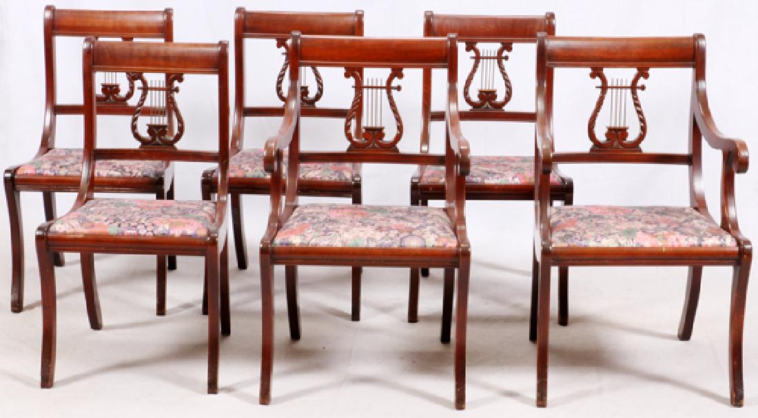 SET OF 6 DUNCAN PHYFE-STYLE MAHOGANY DINING CHAIRS: SET OF SIX DUNCAN PHYFE-STYLE MAHOGANY DINING CHAIRS, H 35", W 21":Comprised of two arm chairs and four side chairs, each having a bar top rail over a lyre-back splat, the upholstered seat set within