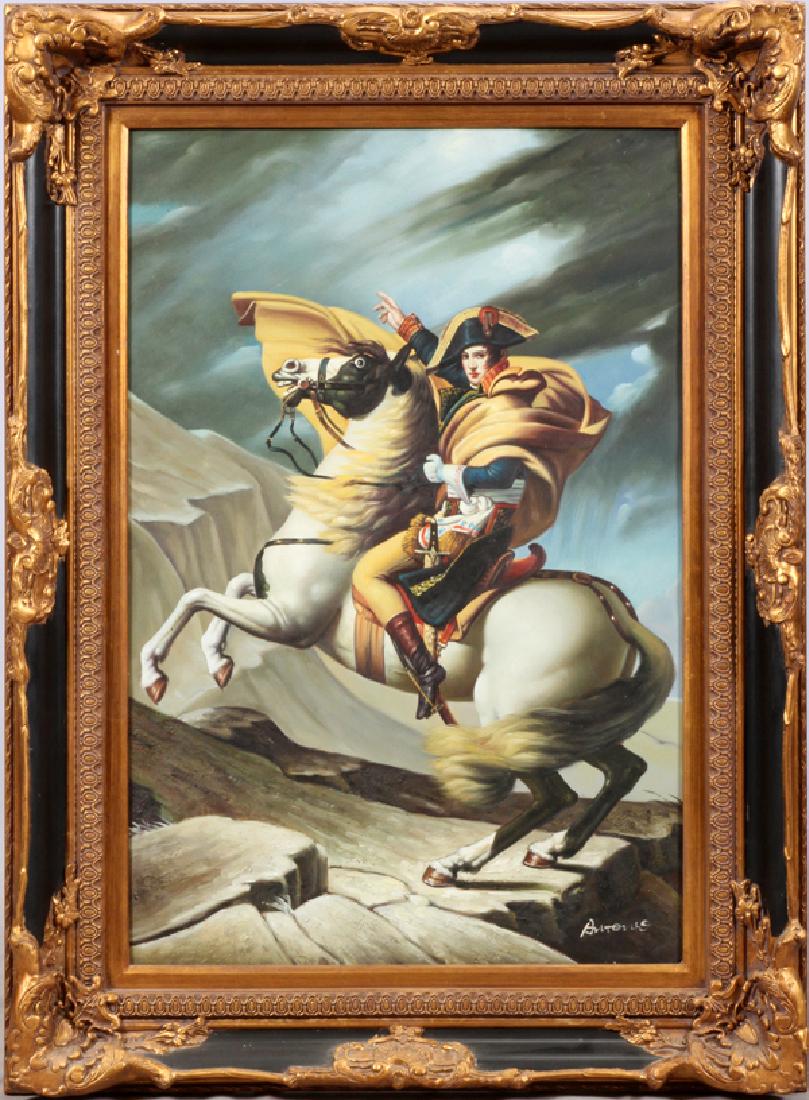 AFTER JACQUE-LOUIS DAVID OIL ON CANVAS: AFTER JACQUE-LOUIS DAVID (FRENCH, 1748-1825), OIL ON CANVAS, H 36'', W 24'', "NAPOLEON CROSSING THE ALPS":A signed reproduction after Jacques-Louis David's "Napoleon Crossing the Alps". Illegible sign