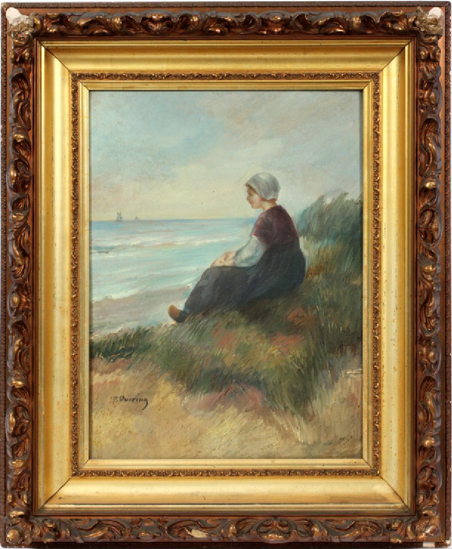 PAUL DOERING DUTCH THEME OIL ON CANVAS: PAUL DOERING (AMERICAN, 1864-1947), DUTCH THEME OIL ON CANVAS, H 23", W 17", SEASCAPE WITH DUTCH GIRL AND SAILBOATS:Depicts a young girl dressed in Dutch attire sitting on a grassy sea shore with sail