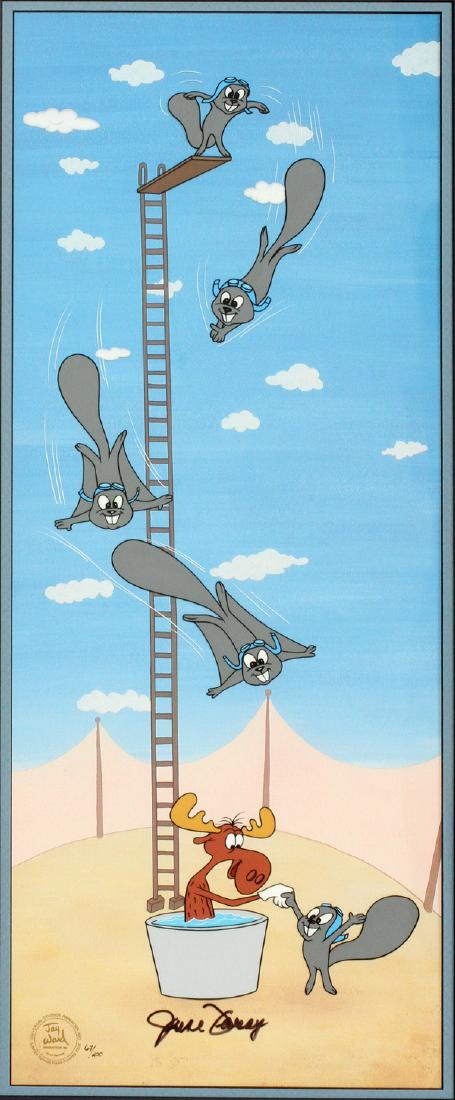 JAY WARD STUDIOS CELLULOID: JAY WARD STUDIOS CELLULOID, H 24'', W 9 1/2'', "THE ADVENTURES OF ROCKY AND BULLWINKLE":Limited edition celluloid, #67 of 200 with facsimile background. "The Adventures of Rocky and Bullwinkle". Signe