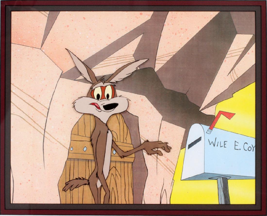 WARNER BROS. PRODUCTION CELLULOID: WARNER BROS. PRODUCTION CELLULOID, H 10'', W 12'', WILE E. COYOTE:Wile E. Coyote, Circa 1960's. Original production celluloid with hand-painted background. Visible image: H 10'', W 12''. Frame size: H