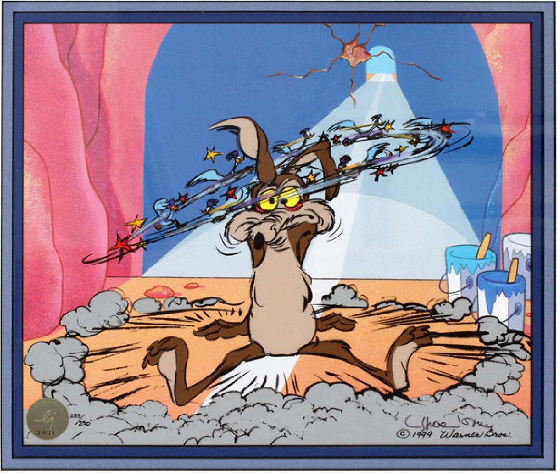 SIGNED WARNER BROS. PRODUCTION CELLULOID: SIGNED WARNER BROS. PRODUCTION CELLULOID, H 10'', W 12'', WILE E. COYOTE:Wile E. Coyote, "Tunnel Vision". Circa 1999. Limited edition celluloid signed by Chuck jones with facsimile background. Visible