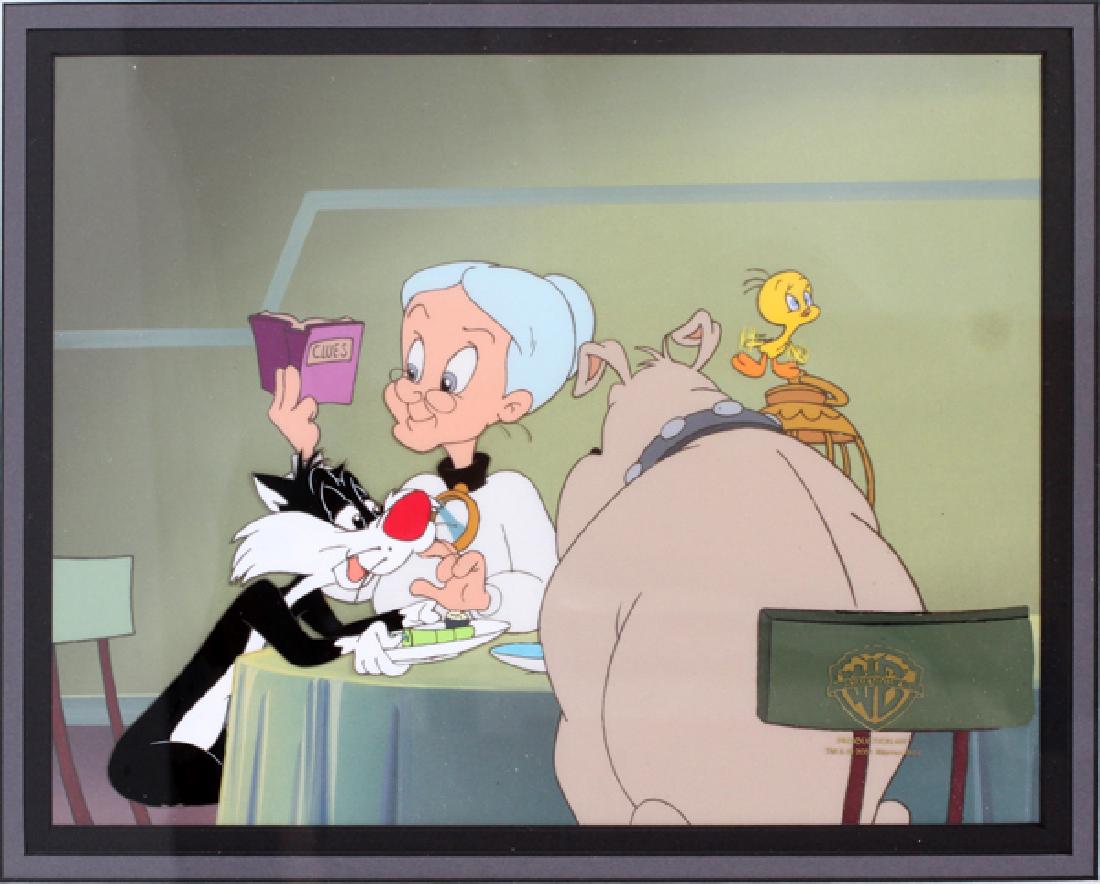 WARNER BROS. PRODUCTION CELLULOID: WARNER BROS. PRODUCTION CELLULOID, H 8'', W 10'', SYLVESTER, TWEETY, GRANNY, & SPIKE:Sylvester, Tweety, Granny, and Spike from "Something Fishy Around Here". Circa 1995. Original production celluloid