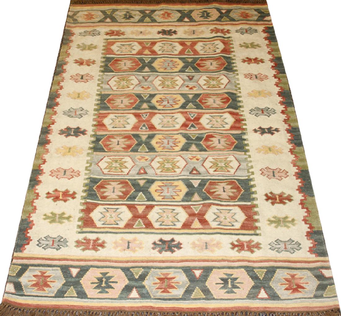 SERAPI WOOL RUG: SERAPI, WOOL RUG, W 62'', L 96'':Flat weave wool area rag. Brown fringes at either end. Stripe and hexagon pattern. W 62'', L 96'