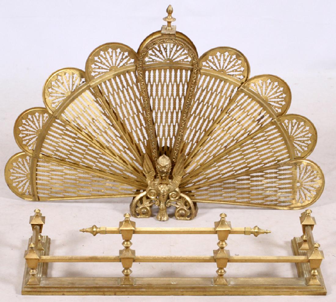 BRASS FIRE SCREEN & FENDER 2 PIECES: BRASS FIRE SCREEN & FENDER, 2 PIECES:A griffin design fire screen is an adjustable pierced fan shape, measures: H 24", L 38". Fire fender measures: L 30 1/2", D 10", H 9".