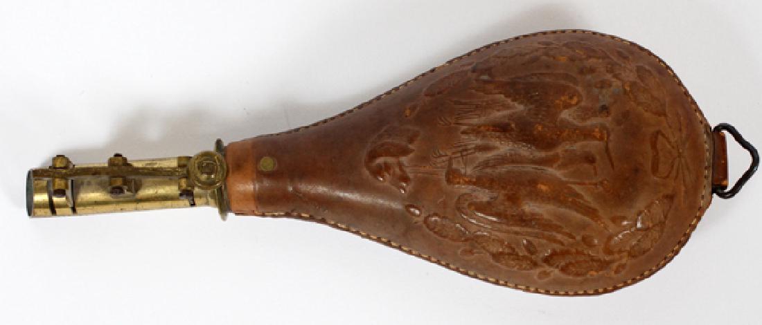 19TH. C. LEATHER POWDER HORN: 19TH. C. LEATHER POWDER HORN L 8":Embossed leather of bird trophies and hunting dog. Civil War era. Impressed AM - Flask &.., 2 1/2 lbs.