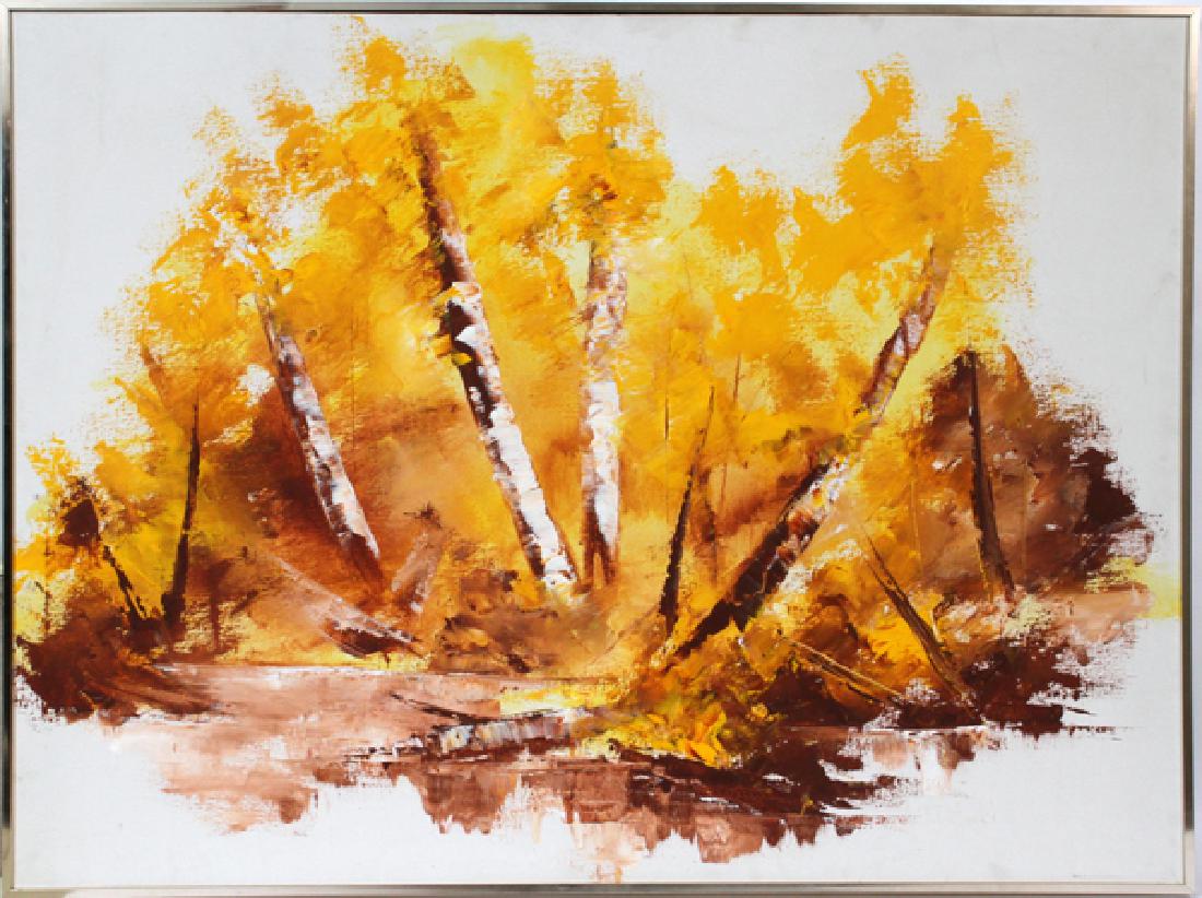 JOHN PAPPAS OIL ON CANVAS: JOHN PAPPAS (USA 1914-77), OIL ON CANVAS, H 35", W 48", BIRCH TREES:Framed. Painter, educator; Detroit, Michigan. Born in Florina, Greece. Came to the U.S. in 1914.
