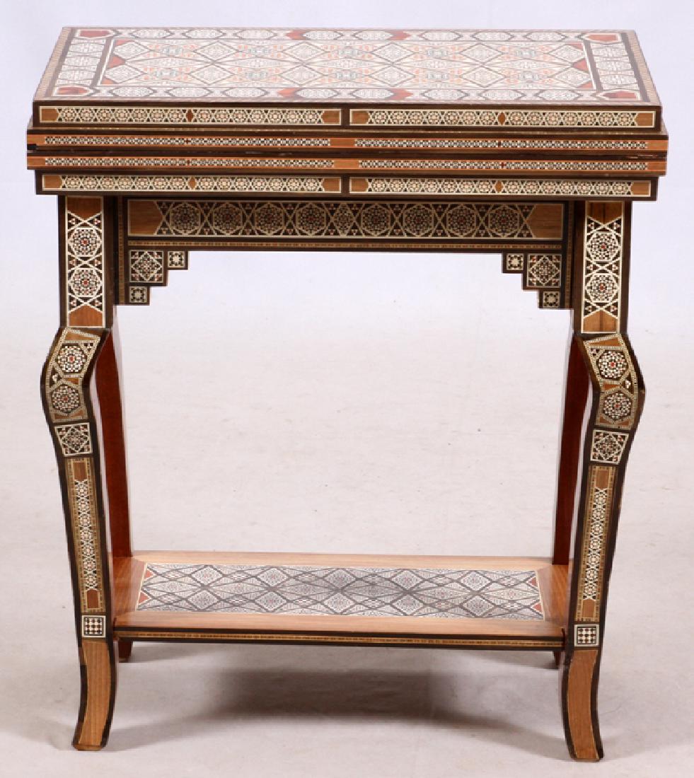 DAMASCUS SYRIA GAME TABLE: DAMASCUS, SYRIA GAME TABLE, H 27", W 24", D 12":Bone and mother of pearl inlay. Hinged surface opens to game boards.