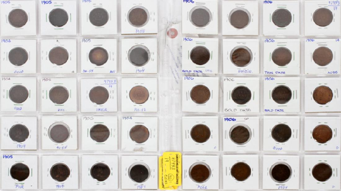 CANADA 1CENT KING EDWARD VII COIN COLLECTION: CANADA 1CENT KING EDWARD VII, COIN COLLECTION, 1906 (19), 1905 (12), 1904 (9) RED/BROWN COLOR,BOLD & THIN DATES (40) TOTAL, H 11":MS-62, bold & thin dates, AU-55. Total Lot of (40). Container sleeve s