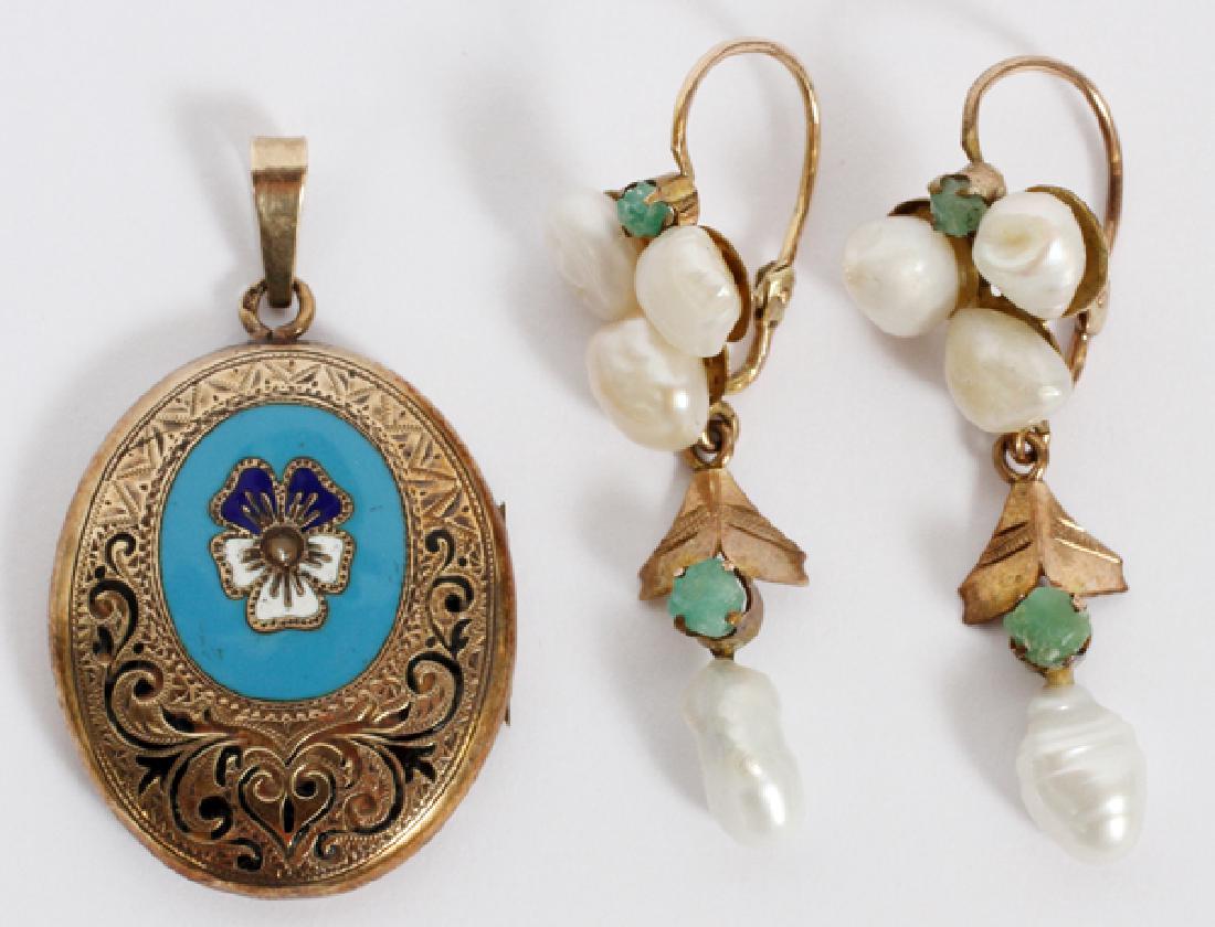 14KT GOLD & ENAMEL LOCKET AND GOLD & PEARL EARRINGS (1 of 2)
