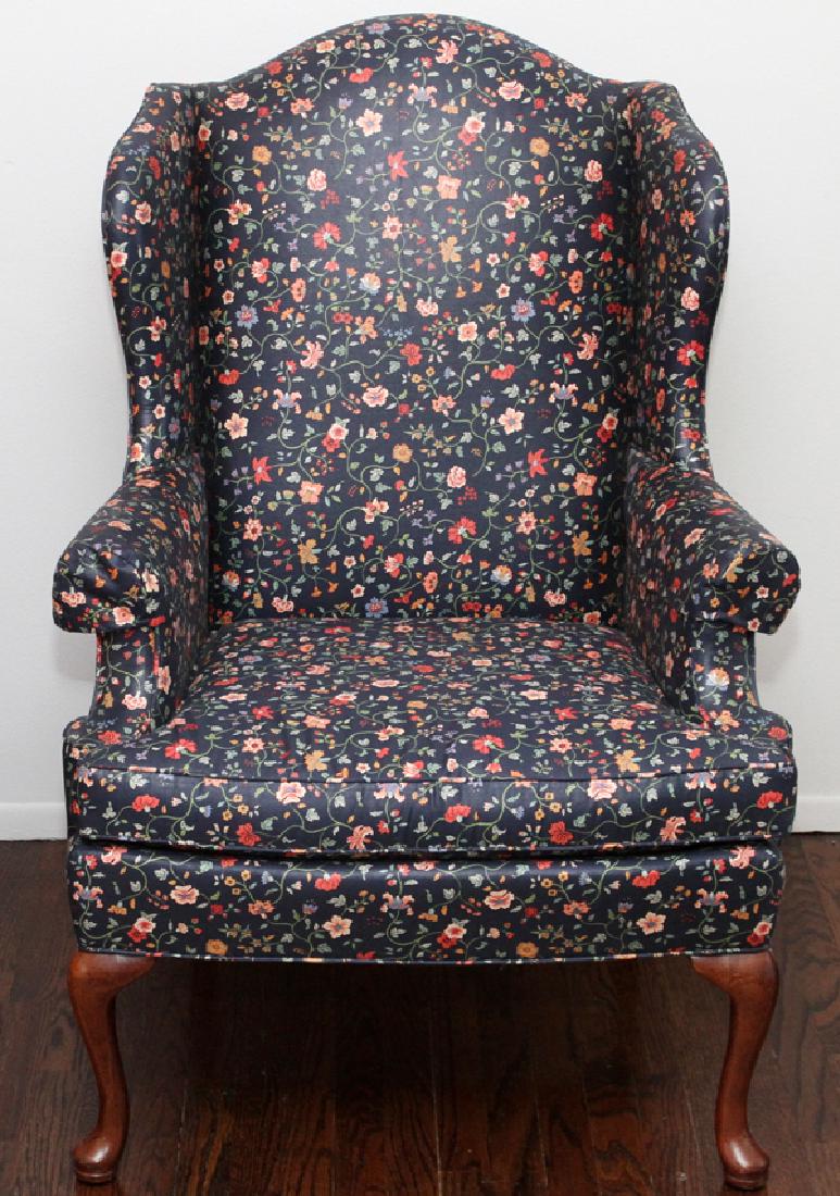 QUEEN ANNE STYLE WING BACK FLORAL UPHOLSTERY CHAIR (1 of 2)