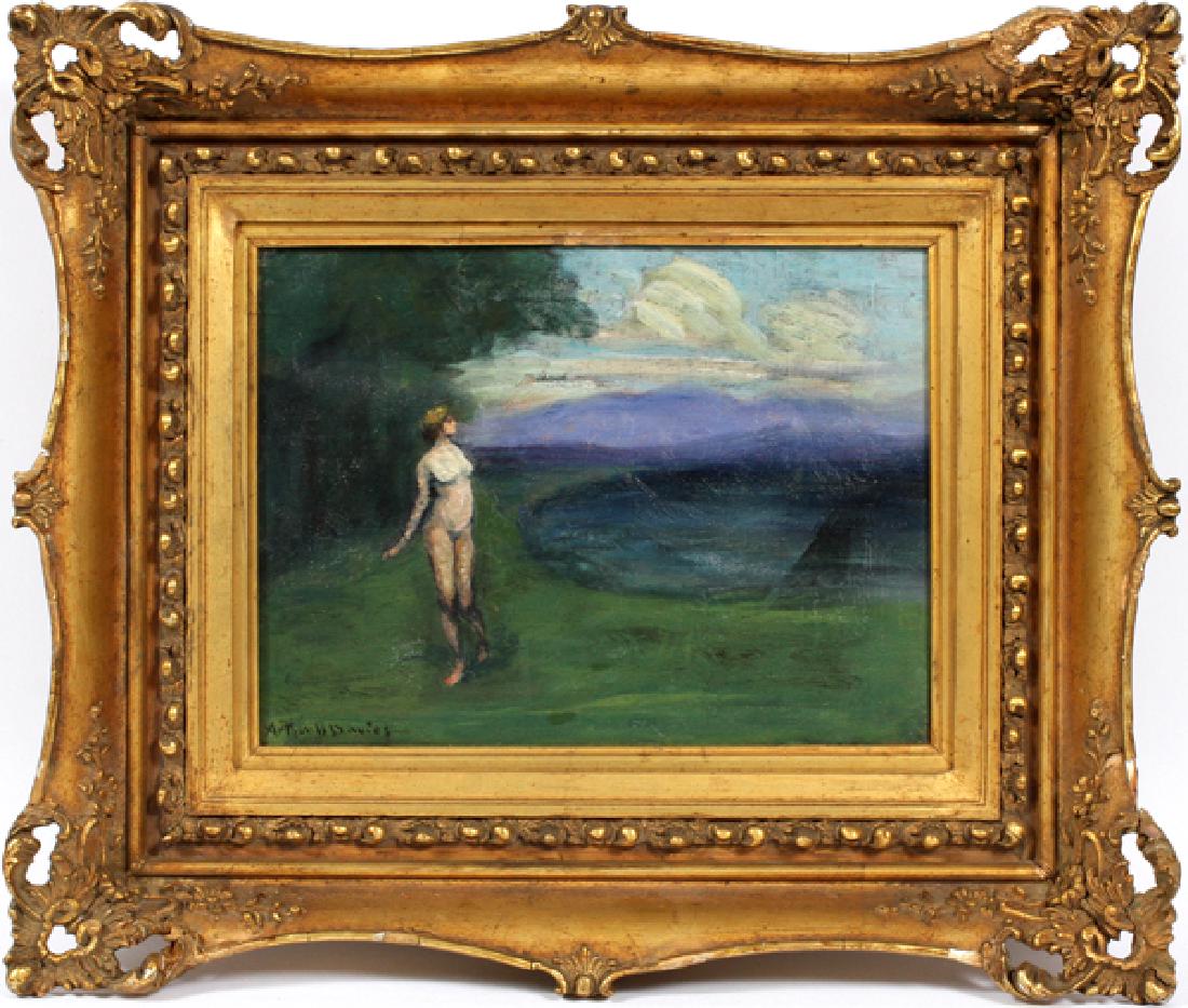 ARTHUR BOWEN DAVIES OIL ON CANVAS: ARTHUR BOWEN DAVIES (AMERICA, 1862-1928), OIL ON CANVAS, H 8 3/4'', W 11 1/2'', NUDE BY A LAKE:A typical Arthur Bowen Davies painting, depicting a nude female by a lake with purple mountains in the ba