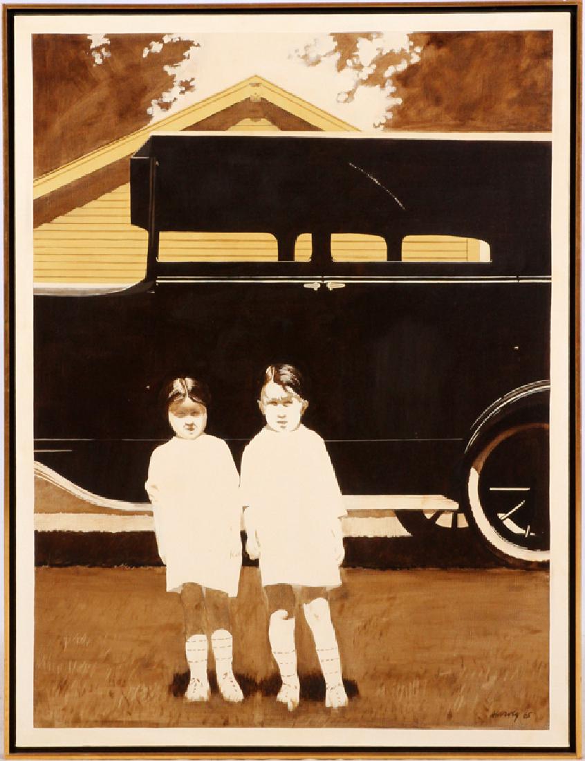 ROBERT HARVEY OIL ON CANVAS 1965: ROBERT HARVEY, OIL ON CANVAS, 1965, H 48", L 36", "THE TWINS NEAR WINFIELD":Depicting two children standing in front of an antique automobile. David Stuart Galleries Los Angeles and The North Carolina
