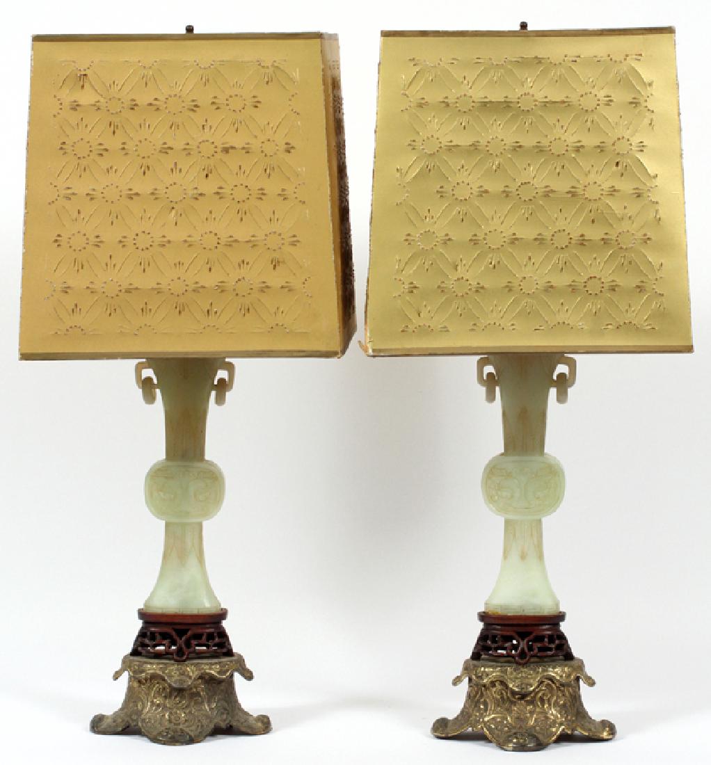 CHINESE CELADON JADE 19TH.C. URNS MOUNTED AS LAMPS (1 of 3)