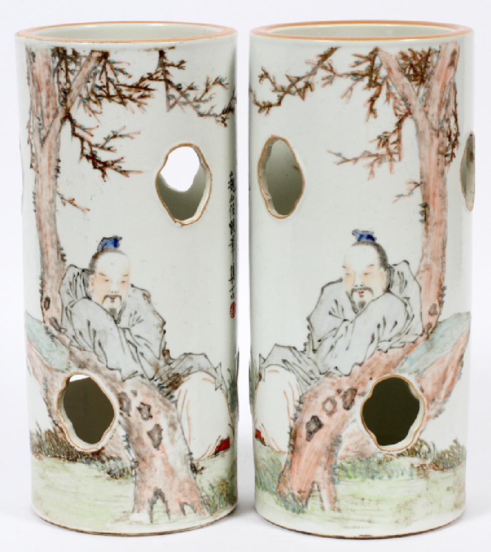 CHINESE HAND PAINTED CYLINDER PORCELAIN VASES PAIR: CHINESE HAND PAINTED CYLINDER PORCELAIN VASES PAIR H 11" DIA 5":men by tree landscape