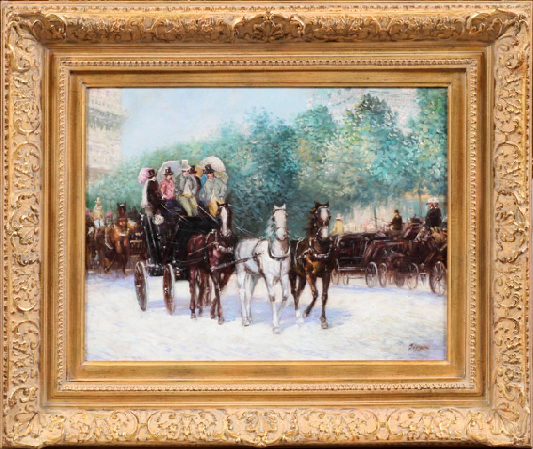 ANDRE GISSON OIL ON BOARD: ANDRE GISSON (AMERICAN/FRENCH1921-2003), OIL ON BOARD, H 18", W 24", HORSE DRAWN CARRIAGE:Gilt frame; signed lower right; provenance: Bloomfield Fine Arts, Birmingham, MI