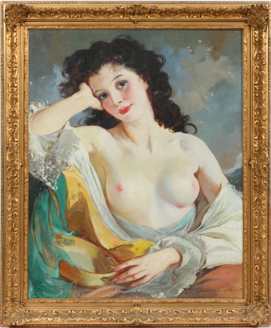 MARIA SZANTHO OIL ON CANVAS: MARIA SZANTHO (HUNGARIAN, 1897-1998), OIL ON CANVAS, H 33", W 27", SEATED FEMALE NUDE:Signed lower right; gilt frame.