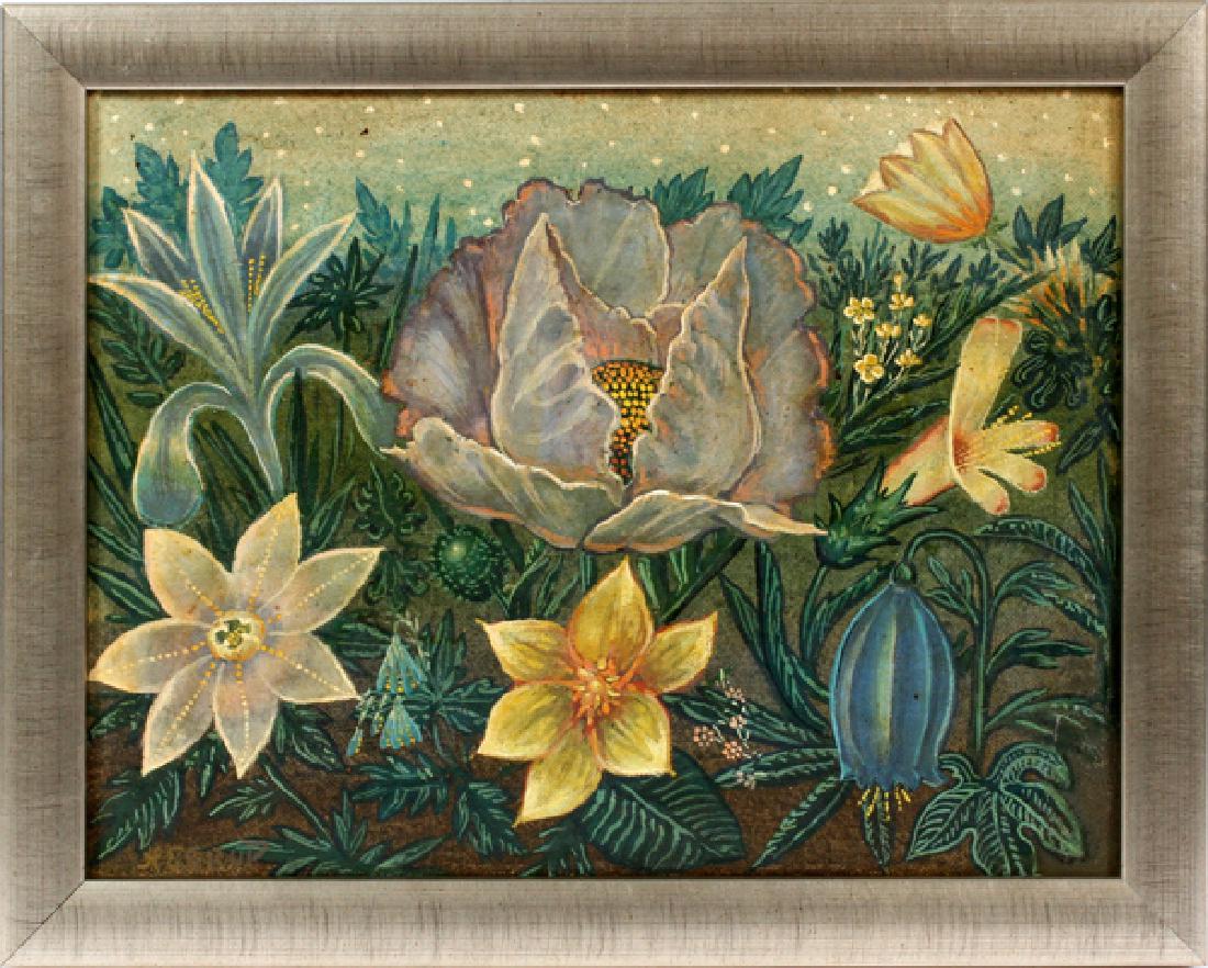 HENRY HEERUP MODERN OIL ON CANVAS GARDEN OF FLOWERS: HENRY HEERUP (DANISH 1907-1993), MODERN OIL ON CANVAS, GARDEN OF FLOWERS, H 13", W 19":Framed; signed lower left.