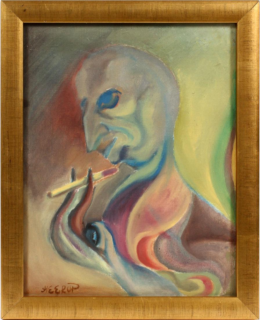 HENRY HEERUP OIL ON CANVAS: HENRY HEERUP (DANISH 1907-1993), OIL ON CANVAS, FIGURE SMOKING, H 17", W 13":Gilt frame; signed lower left.