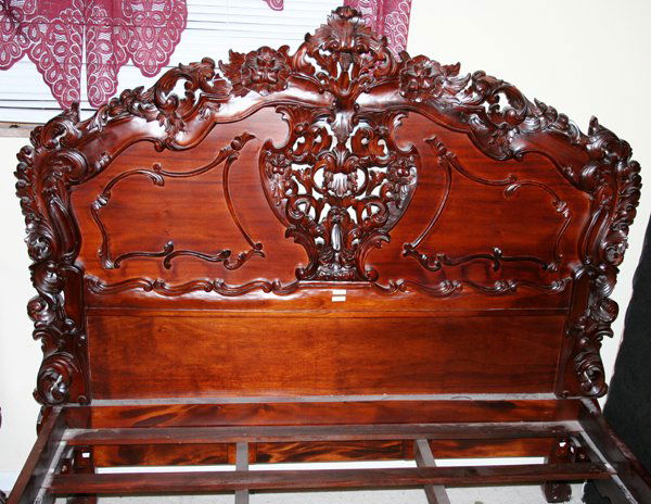 ROCOCO STYLE CARVED MAHOGANY BEDROOM SET: ROCOCO STYLE CARVED MAHOGANY "QUEEN" SIZE BED, HIGHBOY, CHEST & MIRROR, 4 PCS.:includes: queen size bed with hand carved head and foot board and slats, 60" H. x 72" W. x 94" L.; Highboy with carved pe