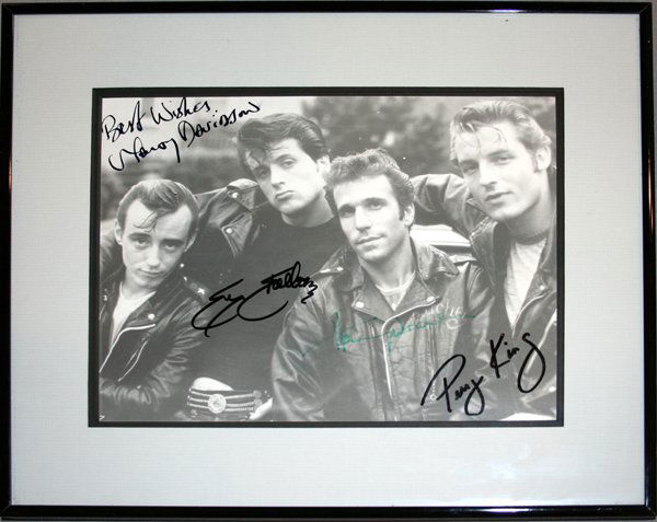 AUTOGRAPHED PHOTO OF SYLVESTER STALLONE: AUTOGRAPHED PHOTO OF SYLVESTER STALLONE, HENRY WINKLER, PERRY KING & MARTIN DAVIDSON, H 8", W 10":photo from the movie set "Lords of Flatbush"; framed.