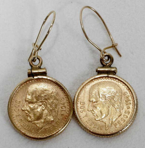 121142 MEXICAN 1945 2 PESO GOLD COIN EARRINGS 121142-mexican-1945-2-peso-gold-coin-earrings