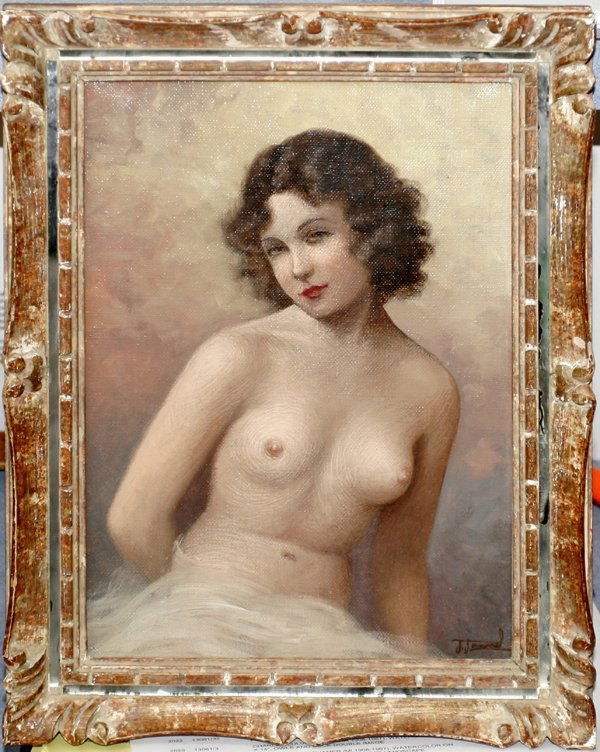 JEAN JANNEL OIL ON CANVAS, SEMI-NUDE FEMALE: JEAN JANNEL (FRENCH 1894-?), OIL ON CANVAS, C.1930, 10 1/2" X 7", SEMI-NUDE FEMALE FIGURE:Signed lower right and about verso. Wood frame.