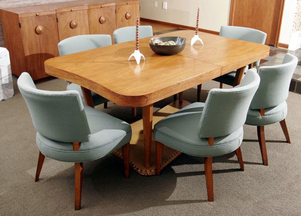 HERMAN MILLER 'PALDAO' DINING TABLE & CHAIRS: GILBERT ROHDE FOR HERMAN MILLER 'PALDAO' EXOTIC WOOD DINING TABLE & SET OF SIX CHAIRS, C. 1941:Including 1 dining table, 68" x 40", with two leaves in a wooden storage box, 5 side chairs and 1 armchai