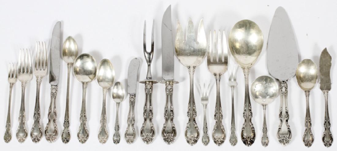 GORHAM 'MELROSE' PATTERN STERLING SILVER FLATWARE: GORHAM, 'MELROSE' PATTERN, STERLING SILVER FLATWARE, 126+CASE,:Includes: 10 dinner forks, 7 7/8" L, 19.65 troy oz; 11 salad forks, 6 1/2" L, 15.95 troy oz; 14 tea spoons, 15.89 troy oz; 11 cream soups