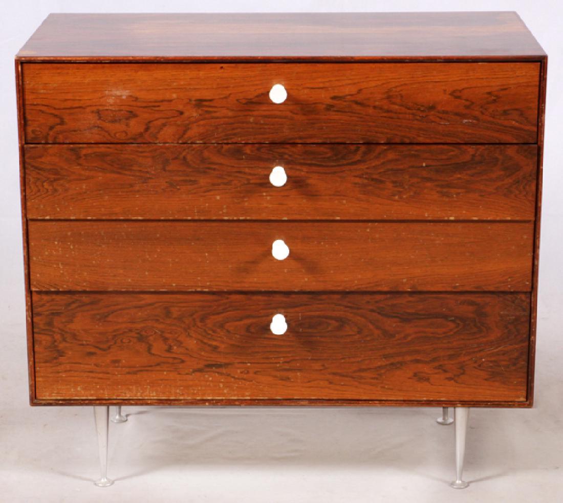 GEORGE NELSON FOR HERMAN MILLER 4 DRAWER CHEST: GEORGE NELSON FOR HERMAN MILLER, "THIN EDGE", WALNUT, 4 DRAWER CHEST, SIGNED, C1960, H 30", W 34", D 18":Made of walnut and having a thin edge design with four full-width drawers with white hour glass
