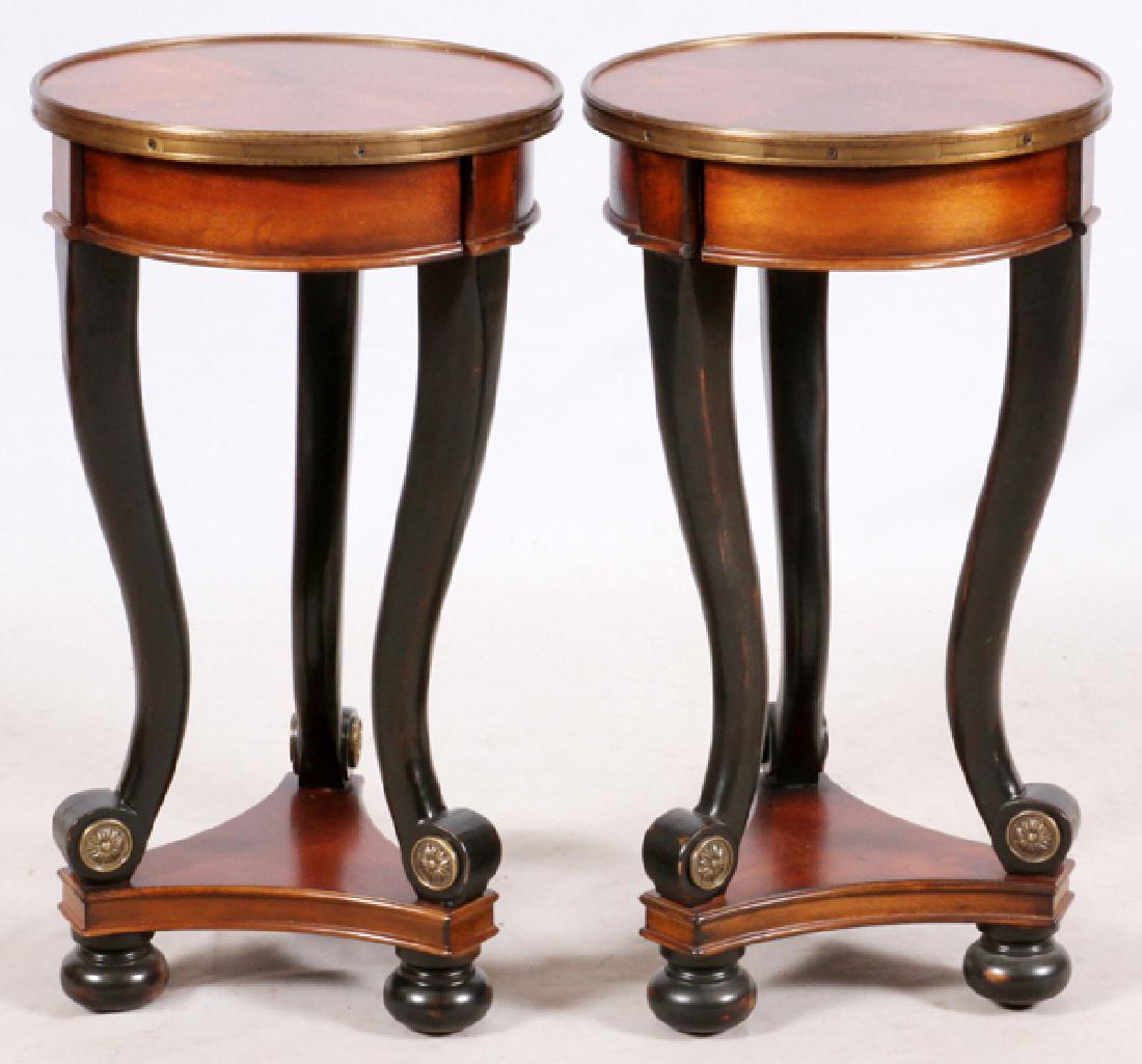 HOOKER FURNITURE EMPIRE-STYLE SIDE TABLES PAIR: HOOKER FURNITURE, EMPIRE-STYLE SIDE TABLES, PAIR, H 26 1/2", DIA 14 1/2":The circular top over a conforming frieze raised on shaped legs ending in scroll feet flanked by rosette decoration, joined on 