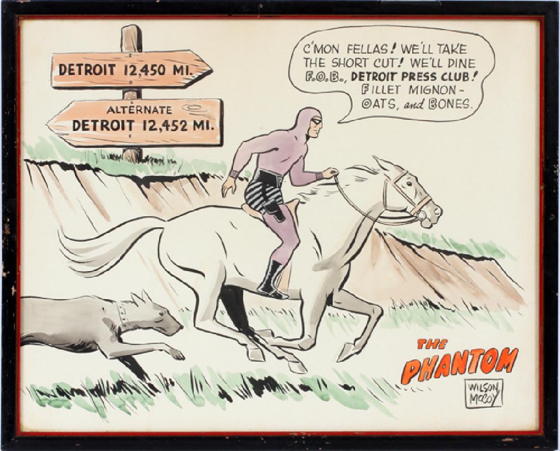 WILSON MCCOY DRAWING: WILSON MCCOY, DRAWING, H 15 3/4", W 19 1/2", "THE PHANTOM":Depicts the Phantom on his horse "Hero" and his trained wolf "Devil" running along side. For the Detroit Press Club. Signed lower right: "Wil