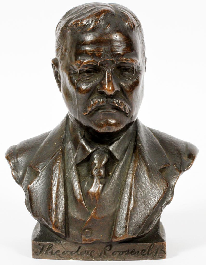 BRONZE BUST: BRONZE BUST, H 6.5", THEODORE ROOSEVELT:A bronze bust of Theodore Roosevelt. Marked 'Berger Mfg. Co. Chicago' on verso.