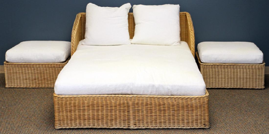 SET OF WICKER CUSHIONED STOOLS AND CHAISE LOUNGE: SET OF WICKER CUSHIONED STOOLS AND CHAISE LOUNGE, 3 PCS., H 11 1/2"-31", W 28"-56":Comprising a long chaise lounge/couch having two white cushions, and two squared wicker ottomans with upholstered cus