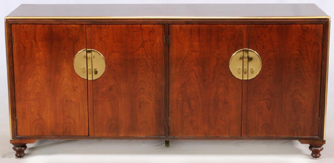 MAHOGANY SIDEBOARD: MAHOGANY SIDEBOARD H 32", L 69", D 19":Asian influenced mahogany sideboard with brass trimming and handles. Interior opens to two drawers on the left side and one shelf on the right side. No apparent 