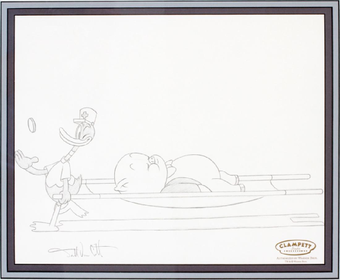 SIGNED WARNER BROS. PENCIL DRAWING: SIGNED WARNER BROS. PENCIL DRAWING, H 10'', W 12'', PORKY PIG & DAFFY DUCK:Pencil drawing of Porky pig and Daffy Duck circa 2002. From "Daffy Doc". Signed by Darryl Van Ciitters. Visible image: H 10''