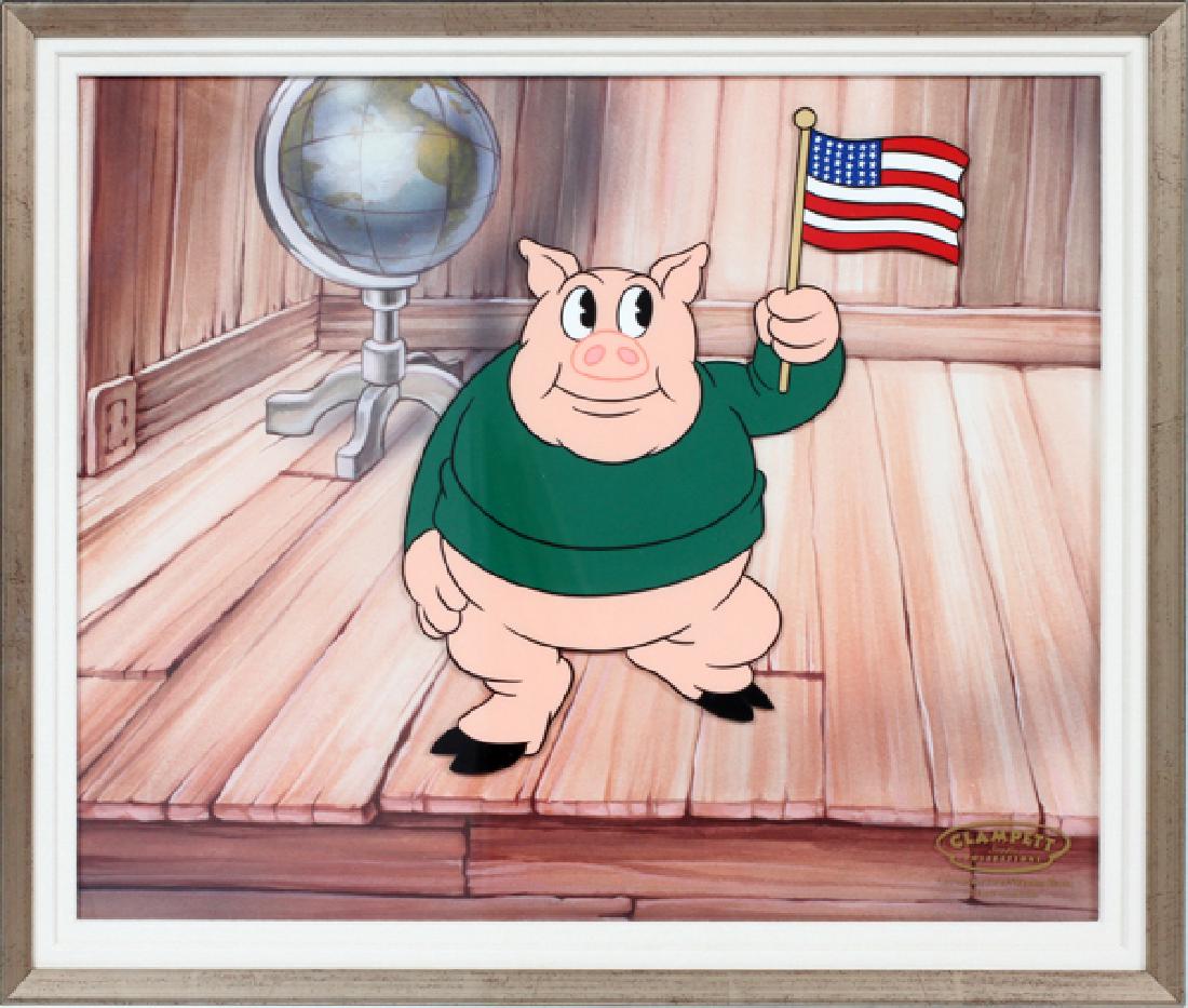 WARNER BROS PRODUCTION CELLULOID: WARNER BROS PRODUCTION CELLULOID, H 10'', W 12'', PORKY PIG:porky Pig circa 2002. Chosen moments collection , original hand-painted celluloid wand background from "I haven't got a hat". Visible image: