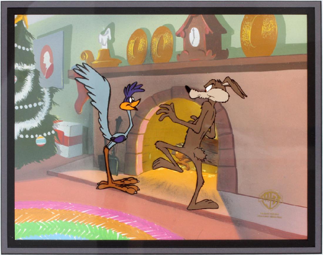 WARNER BROS. PRODUCTION CELLULOID: WARNER BROS. PRODUCTION CELLULOID, H 9'', W 12'', WILE E. COYOTE & ROAD RUNNER:Road Runner and Wile E. Coyote from "Bugs Bunny's Looney Christmas Tales". Production celluloid with original background.