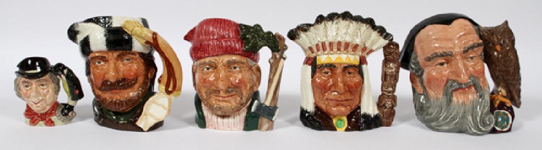 ROYAL DOULTON PORCELAIN TOBY MUGS 5 PCS: ROYAL DOULTON, PORCELAIN TOBY MUGS, 5 PCS, H 4 3/4" - 7":Royal Doulton toby mugs include: "The Trapper", D6609, The Canadian Centennial Series 1867-1967", 7" H.: "The Lumber Jack", D6610, The Canadian